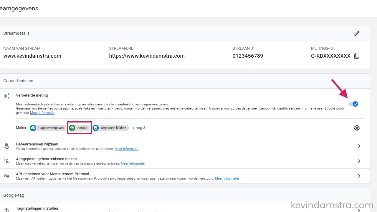 Google Analytics - Instellingen - Webstream gegevens - verbeterede meting aanzetten