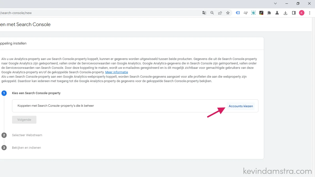 Google Analytics - Productkoppelingen - Google Search Console - Account kiezen