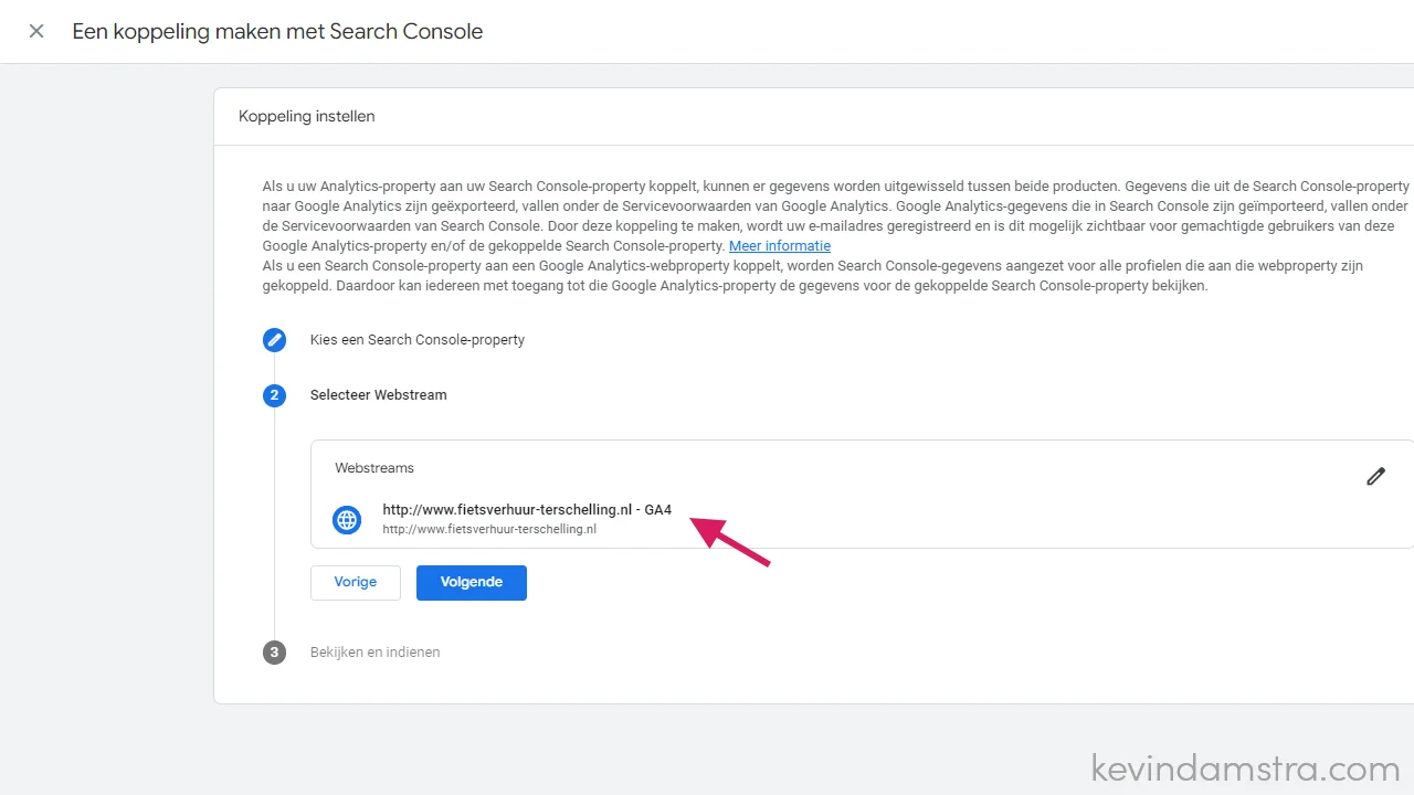 Google Analytics - Productkoppelingen - Google Search Console - Selecteer een webstream