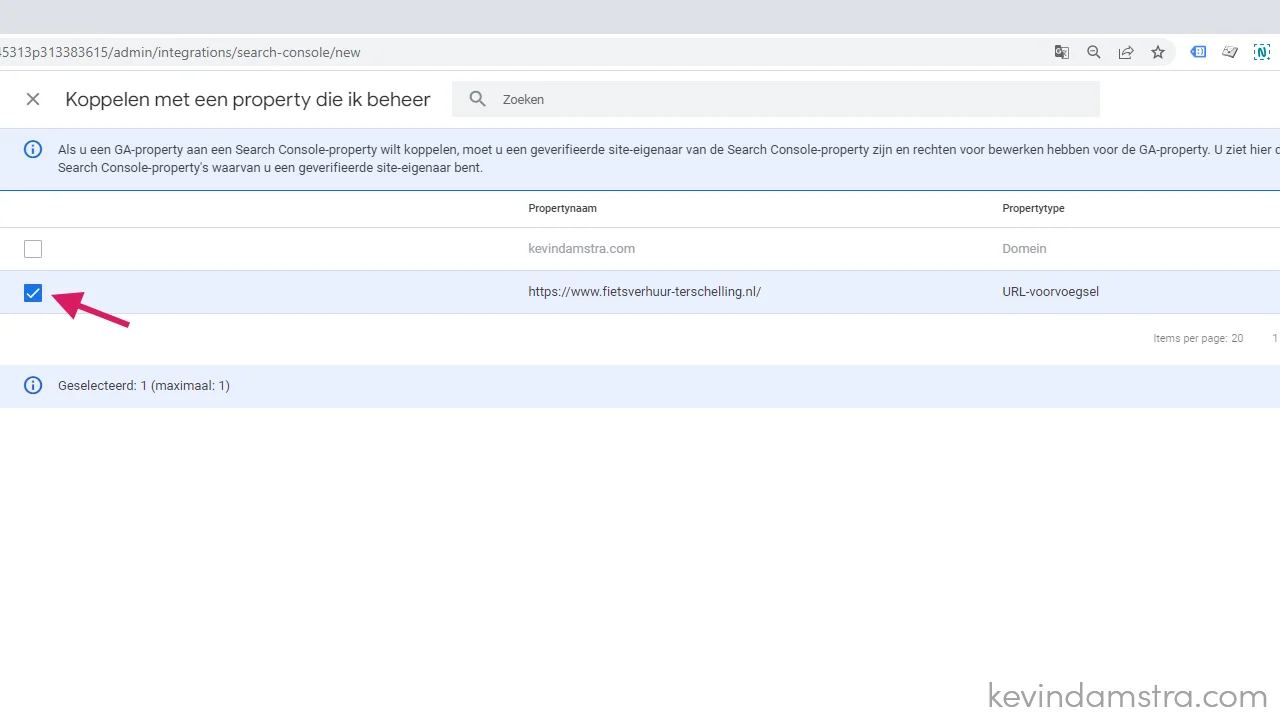 Google Analytics - Productkoppelingen - Google Search Console - Selecteer het juiste account