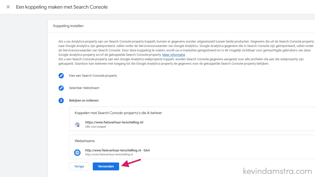 Google Analytics - Productkoppelingen - Google Search Console - Controleren en bevestigen