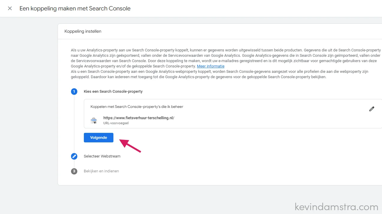 Google Analytics - Productkoppelingen - Google Search Console - Klik op volgende