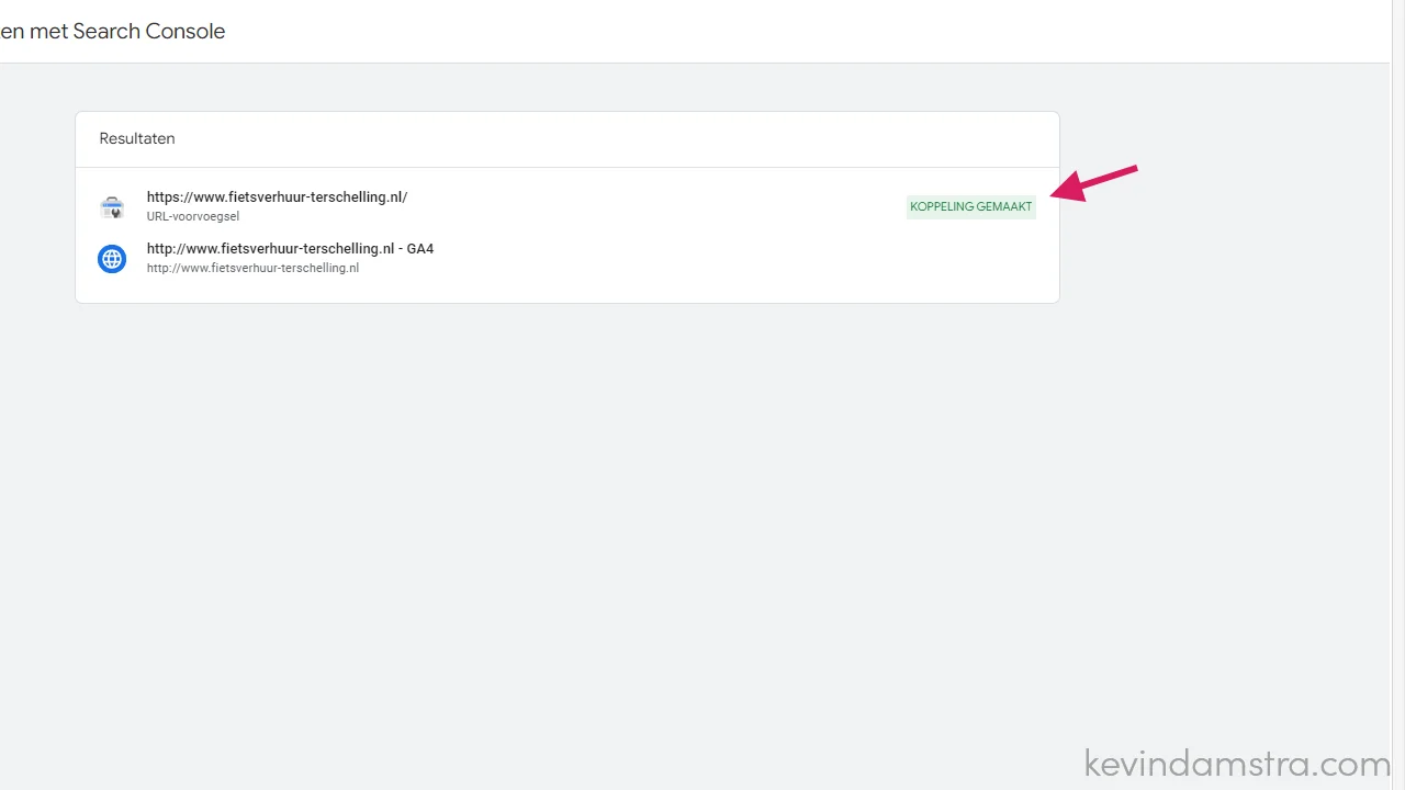 Google Analytics - Productkoppelingen - Google Search Console - Koppeling gemaakt