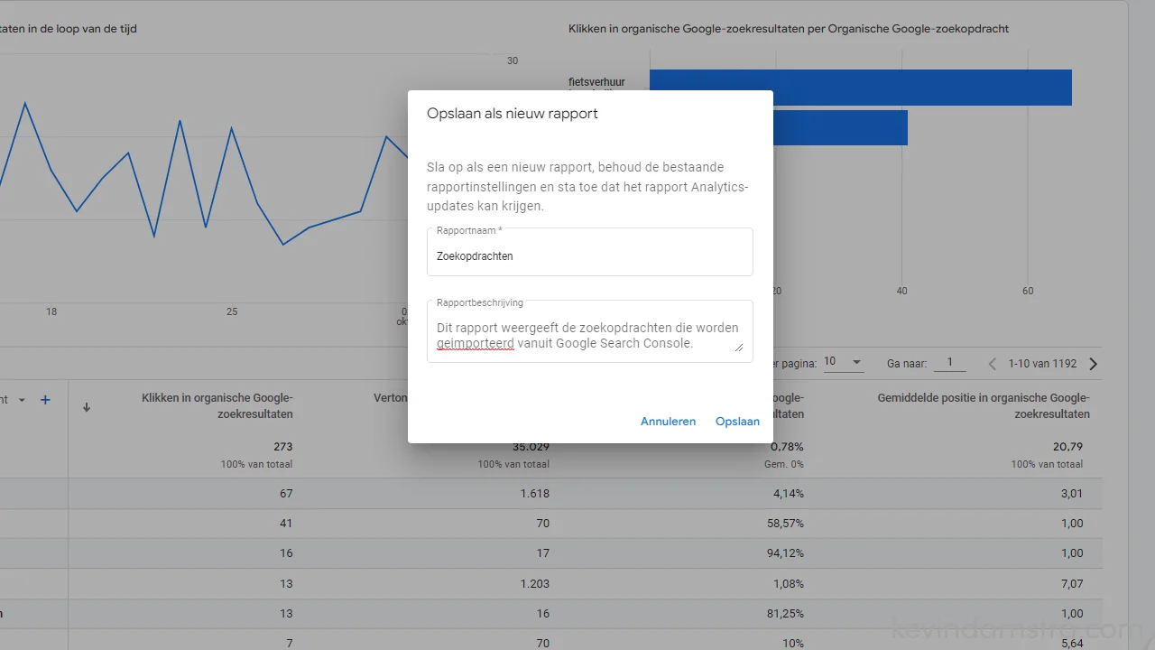 Google Analytics - Rapporten - GSC - Kopie van zoekopdrachten opslaan - Geef het rapport een naam