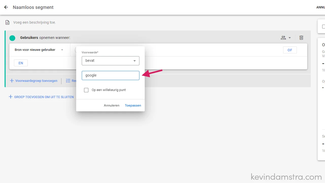 Google Analytics - Waar komen jouw bezoekers binnen - Verkenning - Nieuw segment maken - Voorwaarde