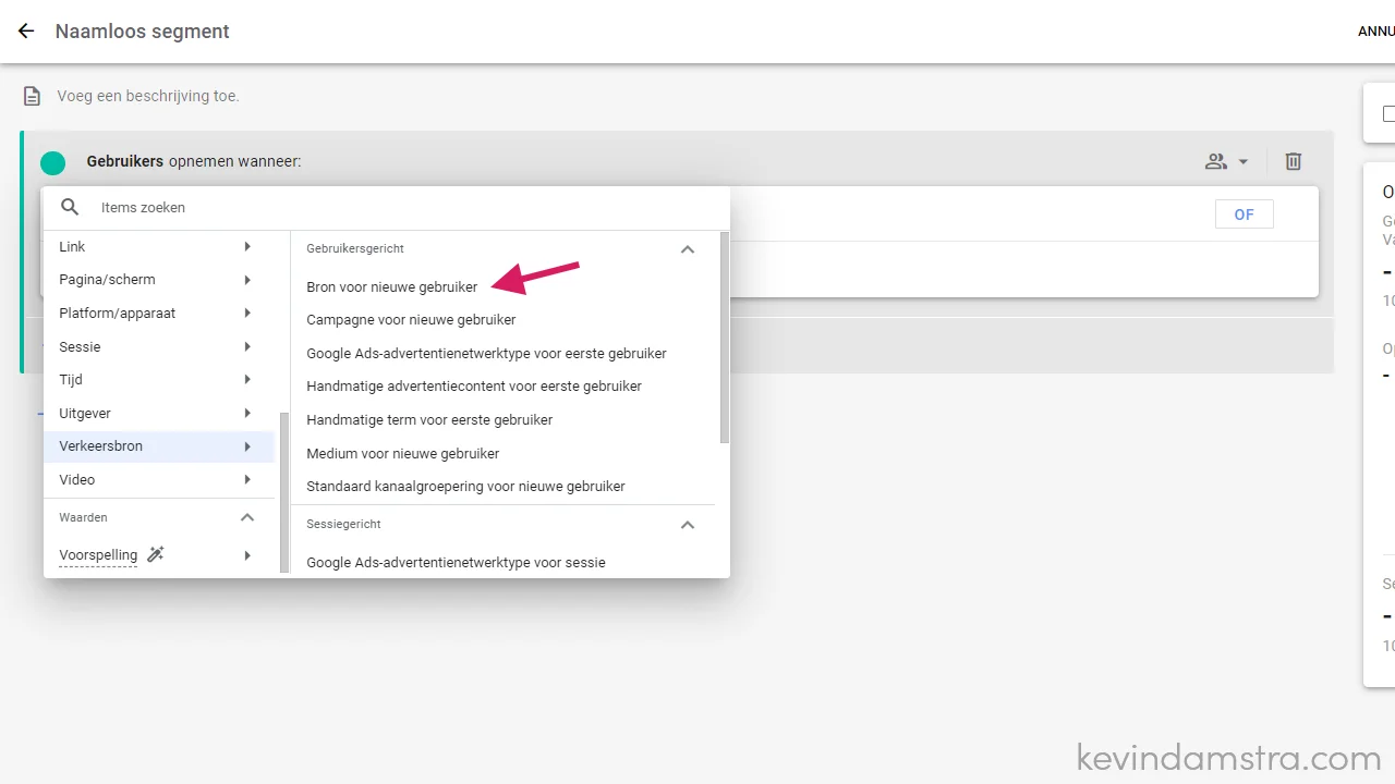 Google Analytics - Waar komen jouw bezoekers binnen - Verkenning - Nieuw segment maken - Verkeersbron